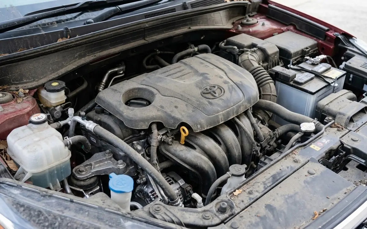 Engine bay before cleaning, greasy and dusty