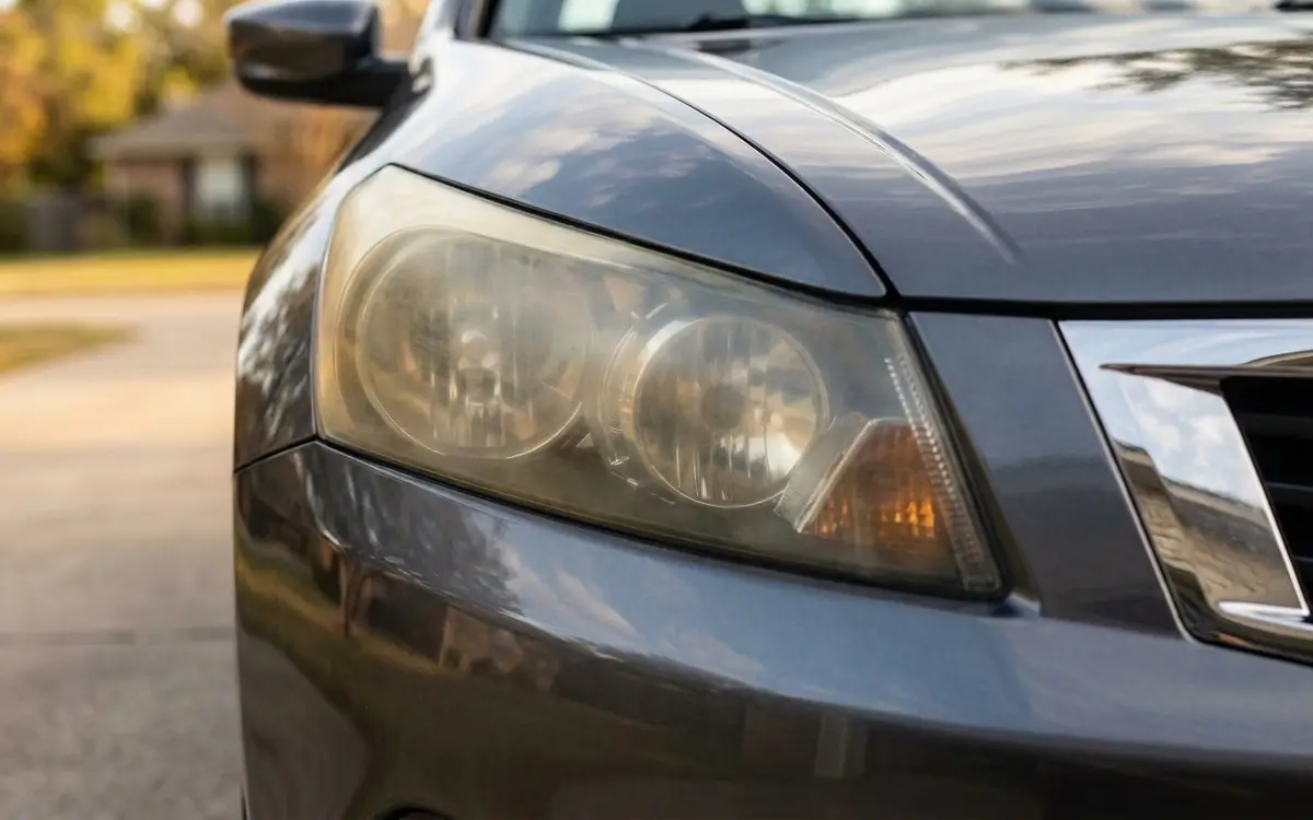 Headlight before restoration, foggy and yellowed