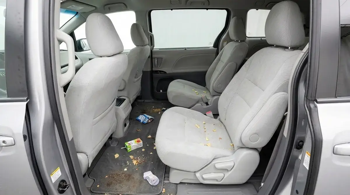 Car interior before detailing, stained seats